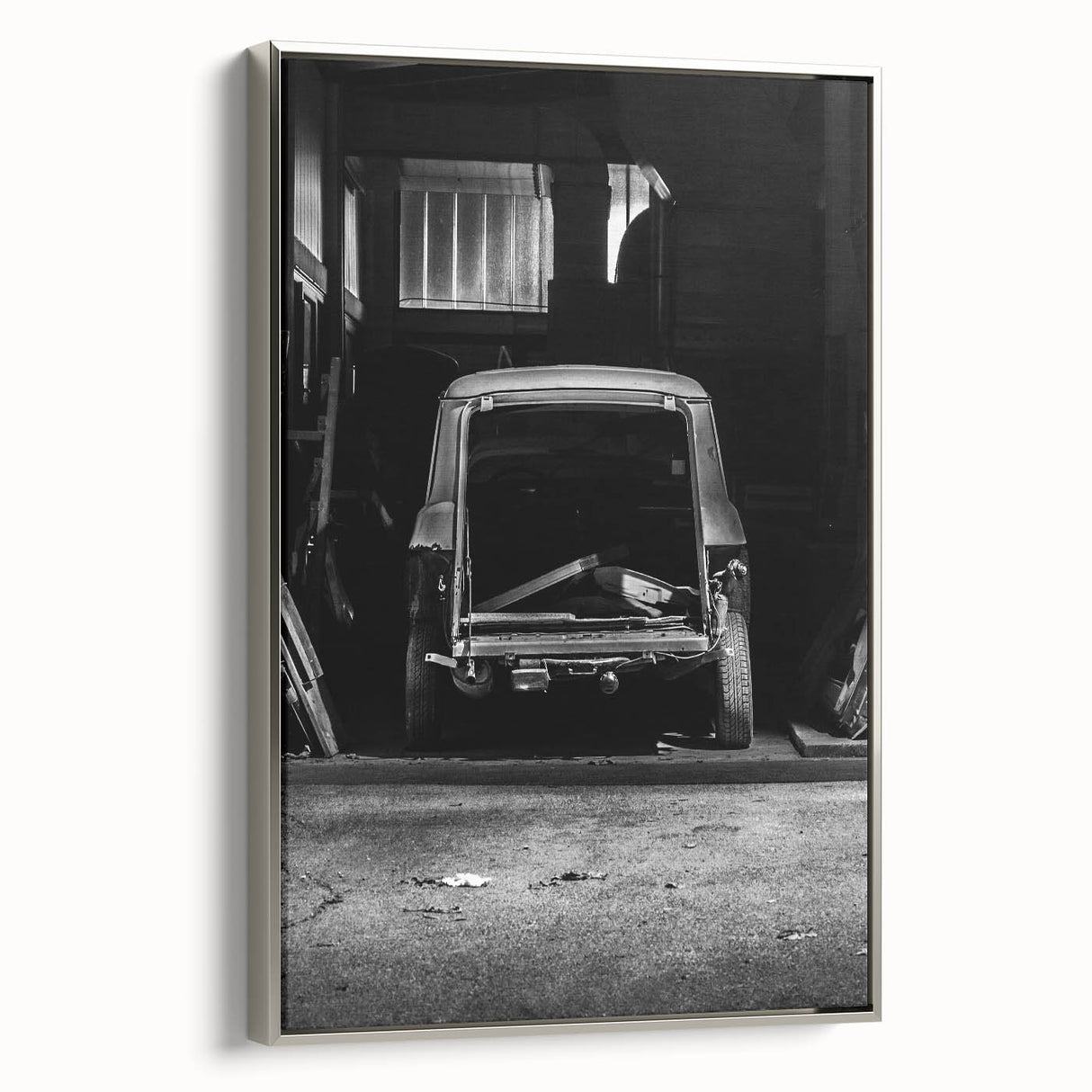 Framed canvas featuring a vintage landscape painting with a monochrome black background and vibrant colorful accents.