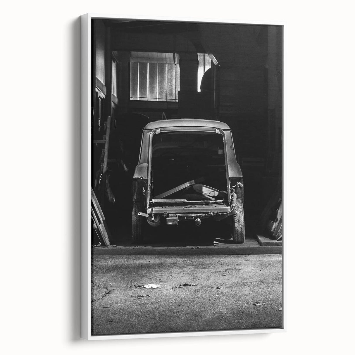 Vintage poster art of a derelict building in vibrant colors on a large framed canvas, ideal for living room decor.