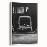 Vintage poster art of a derelict building in vibrant colors on a large framed canvas, ideal for living room decor.