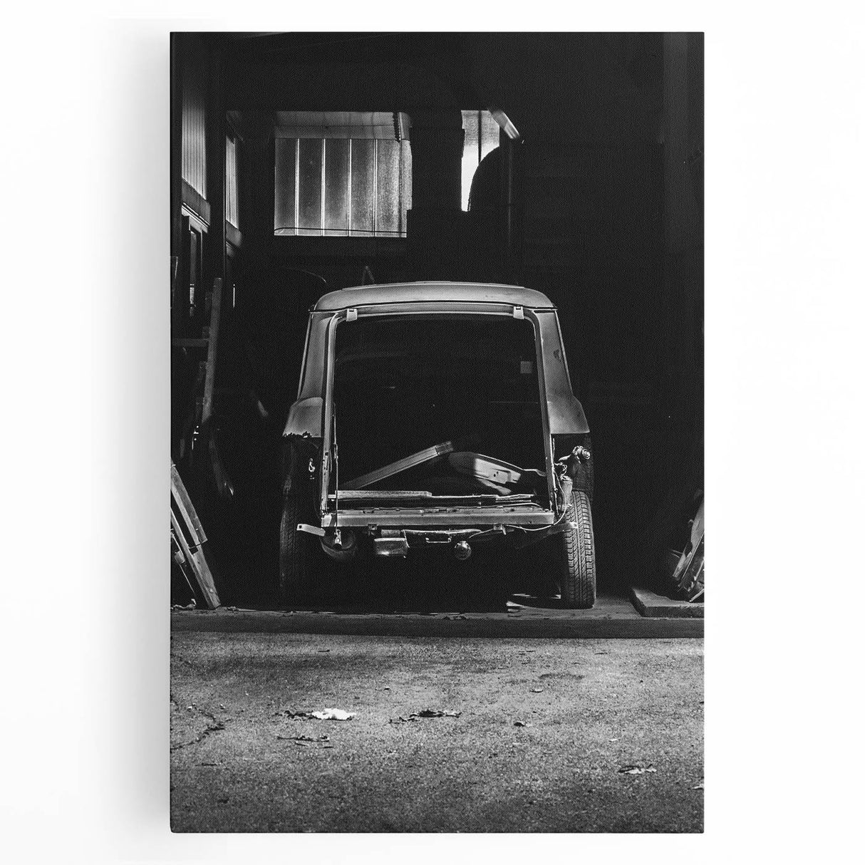 Large black and white photo of a dilapidated building on stretched canvas, suitable for kitchen wall art.