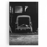 Large black and white photo of a dilapidated building on stretched canvas, suitable for kitchen wall art.