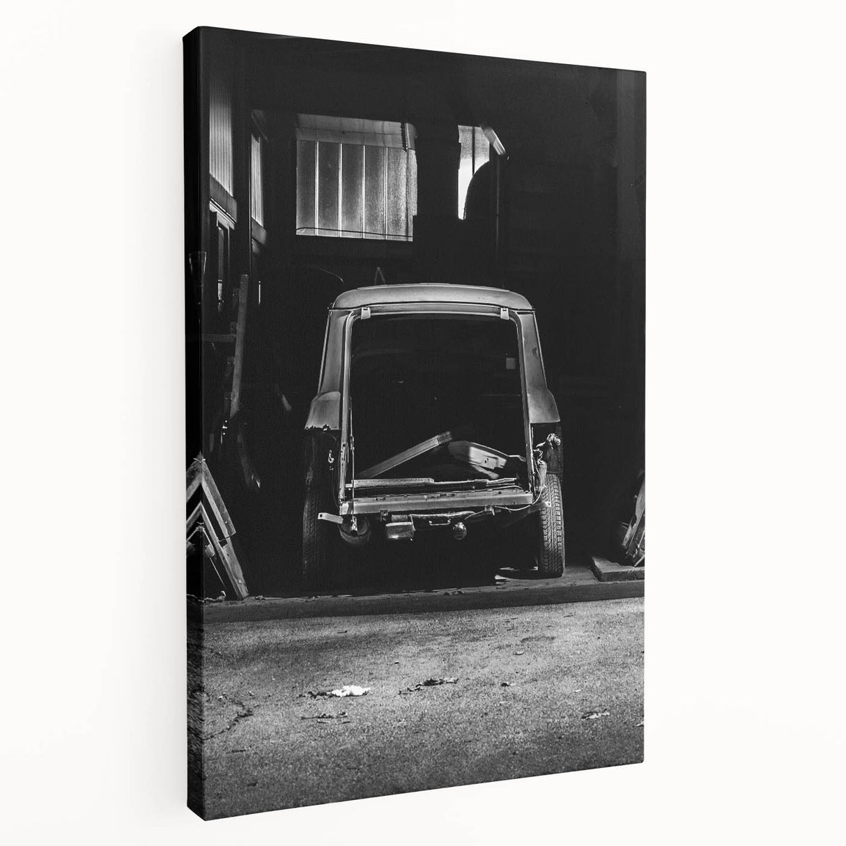 Large canvas print of a derelict building in muted gray tones, suitable for kitchen wall art.