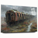 Large abstract wall art on acrylic glass depicting a derelict building, in muted gray tones.