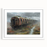 Abstract art print depicting a derelict building in muted grays and blues, framed with a white mat.