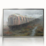 Mid-century modernist art depicting a silver framed acrylic print of a derelict building, ideal for modern art wall decor.