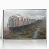 Art deco poster of a derelict building, in muted gray and white tones, acrylic framed, ideal for modern art wall decor.