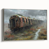 Framed canvas of a vintage poster featuring a colorful landscape with black architectural elements, ideal for office decor.