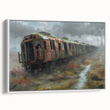 Vintage poster art of a derelict building in vibrant colors on a framed canvas, ideal for living room decor.