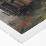 Art deco poster of a stylized vintage building in muted beige and brown tones on rolled canvas, ideal for nursery wall art.