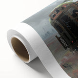 Art Deco poster featuring symmetrical geometric patterns in muted gold and black tones on rolled canvas.