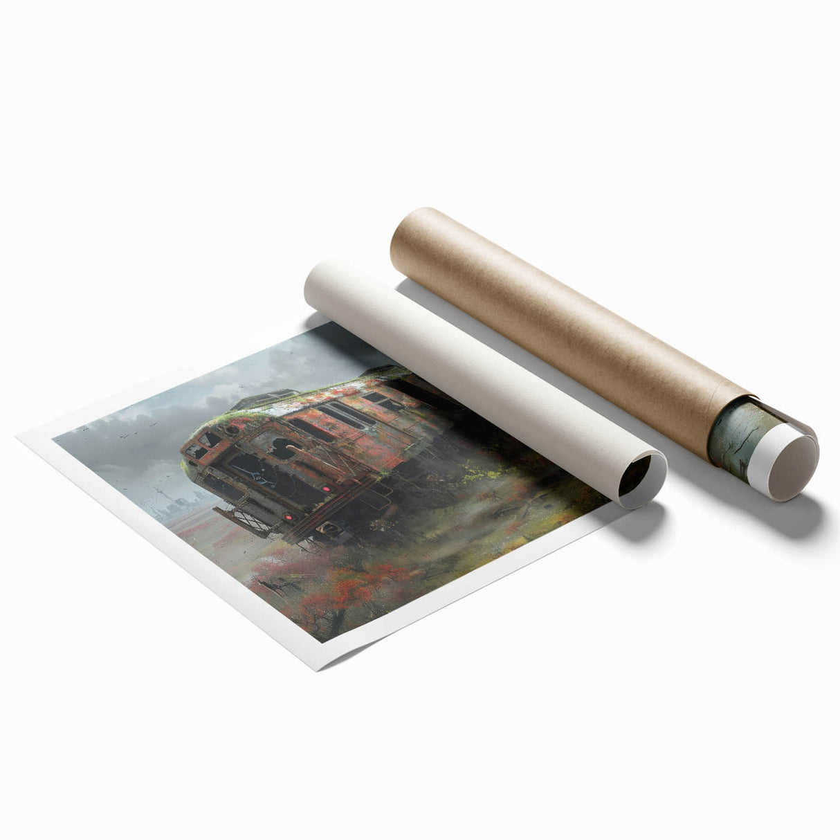 Extra large rolled print of a derelict building with faded floral designs, in muted tones.