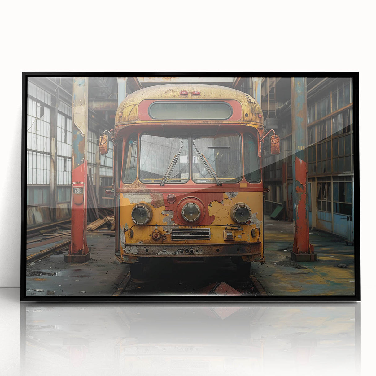 Large abstract wall art featuring a mid-century modernist design in muted earth tones on a framed acrylic panel.
