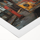 Art deco poster featuring geometric patterns in muted gold and navy, printed on rolled canvas.