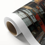 Art deco poster of a stylized, geometric building in muted gold and teal on rolled canvas, ideal for nursery wall art.