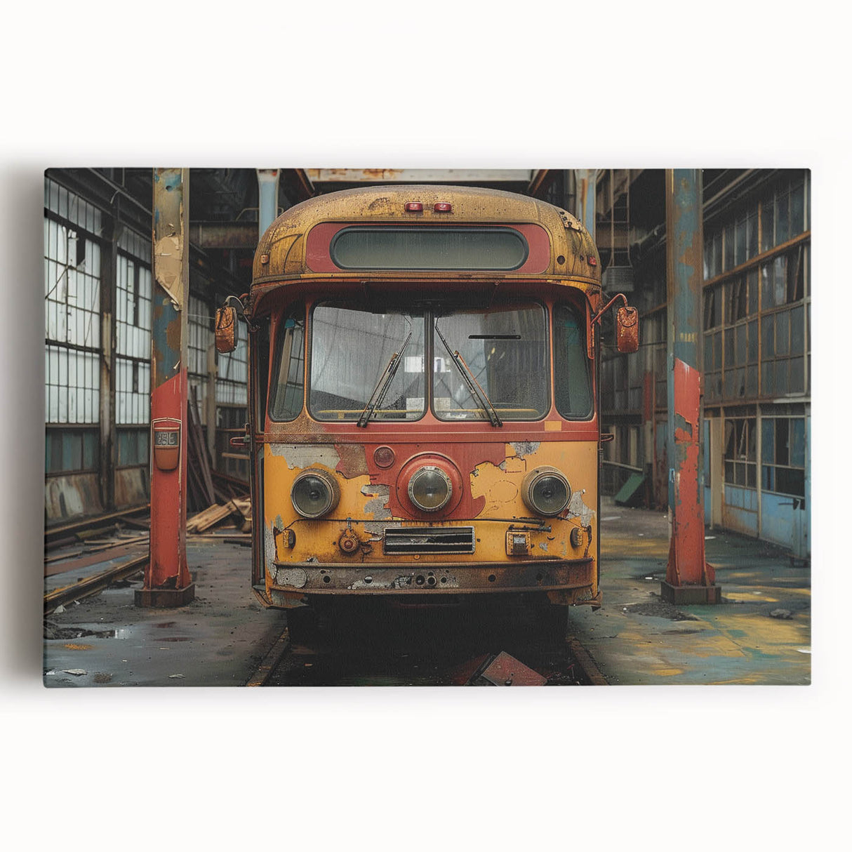 Large black and white photograph of a derelict building on stretched canvas, suitable for kitchen wall art.