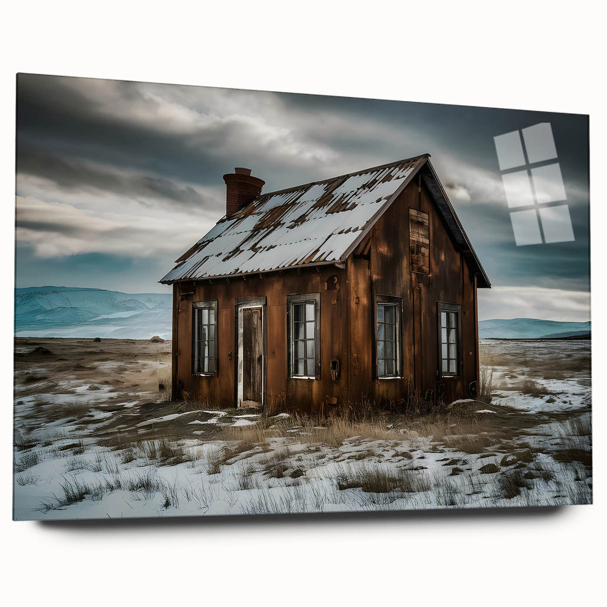 Large abstract wall art in muted gray and blue tones on acrylic glass, suitable for bedroom or dining room decor.