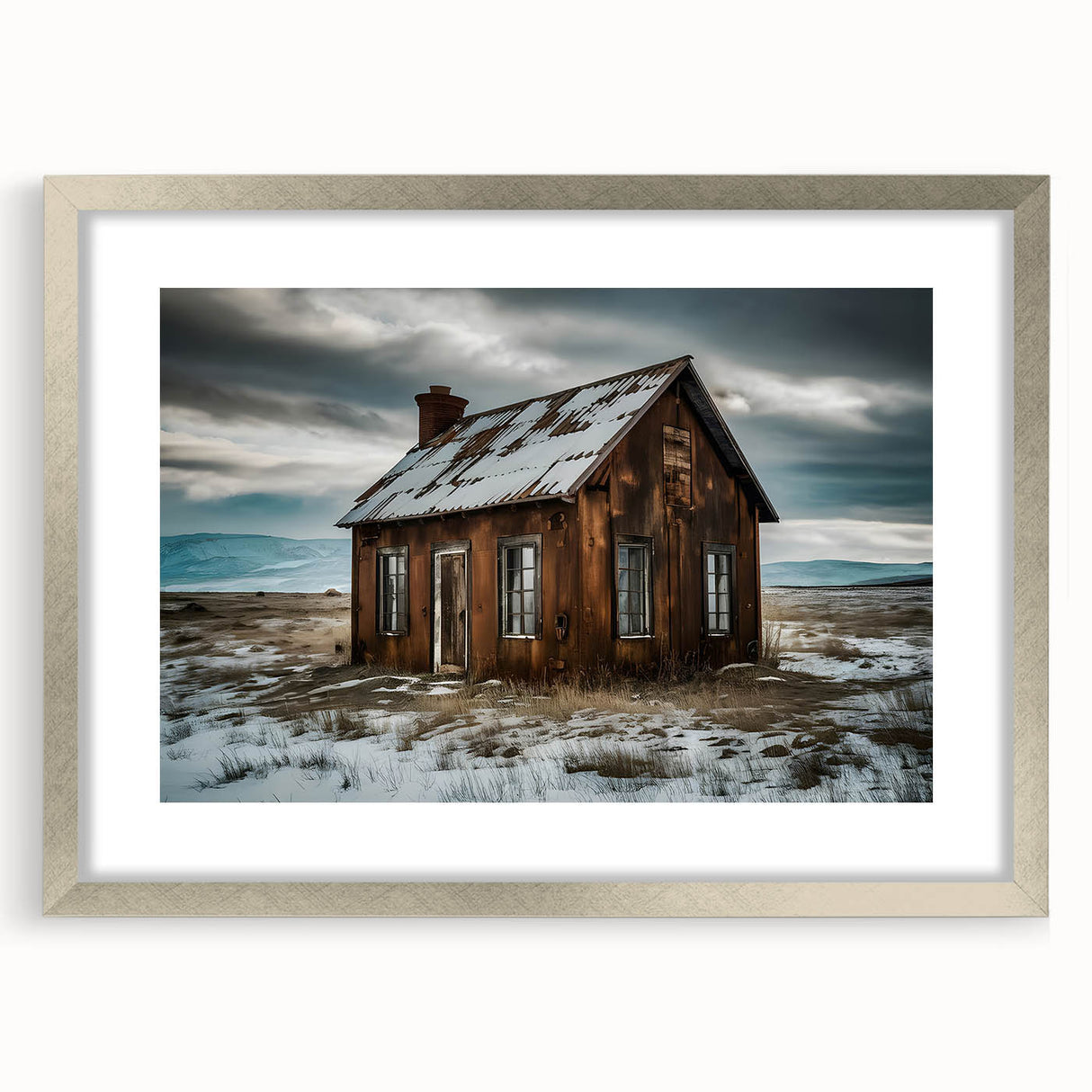 Textured abstract art print in muted gray, displayed in a silver frame, suitable for bedroom wall decor.