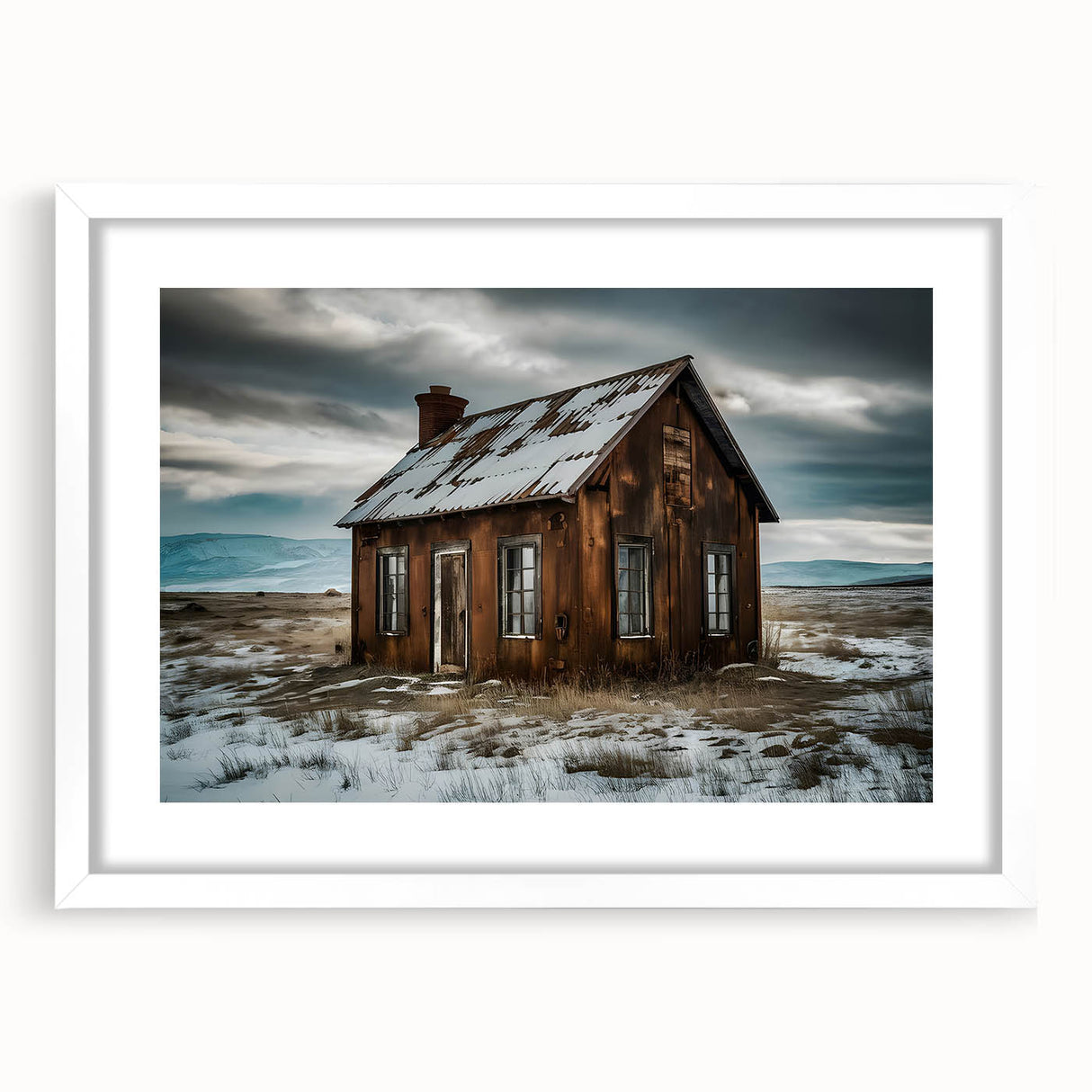 Abstract art print of a dilapidated building in muted gray and blue tones, framed with a white mat.