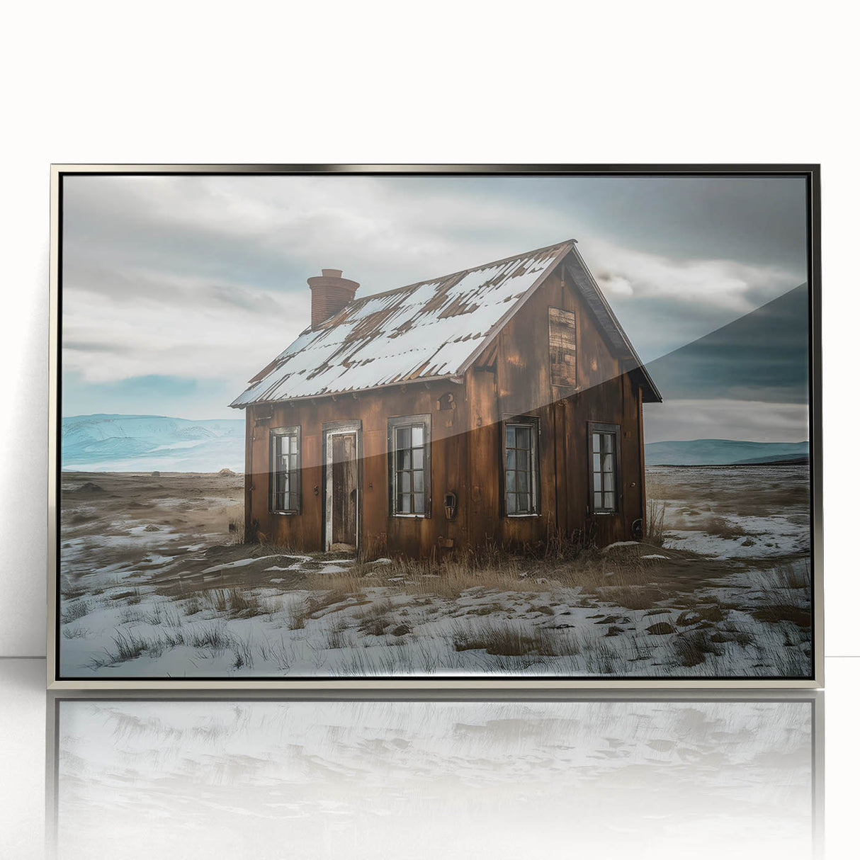 Mid-century modernist art of a derelict building in muted silver and gray tones on a framed acrylic print.