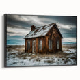 Black and white landscape art painting of a derelict building, presented on framed canvas, suitable for bedroom decor.