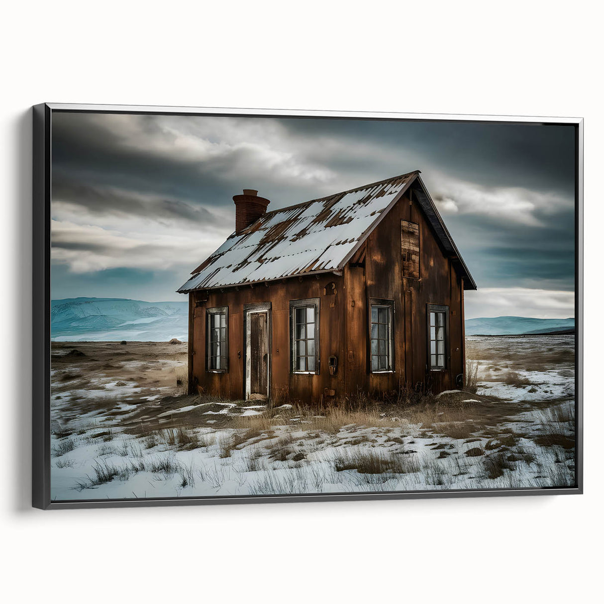 Black and white landscape art painting of a derelict building, presented on framed canvas, suitable for bedroom decor.