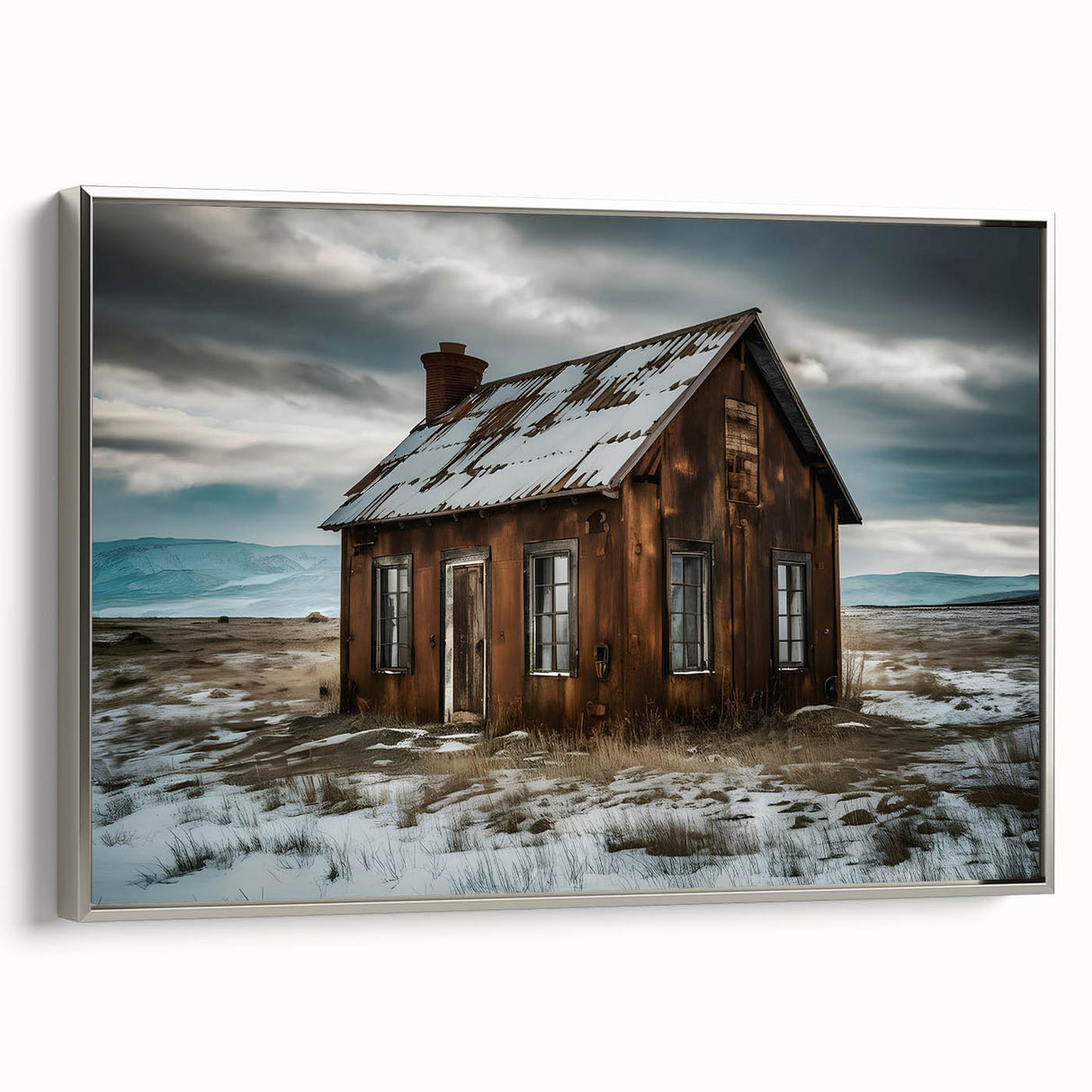 Framed canvas landscape art painting featuring a vintage poster of a dilapidated building in muted black and colorful…