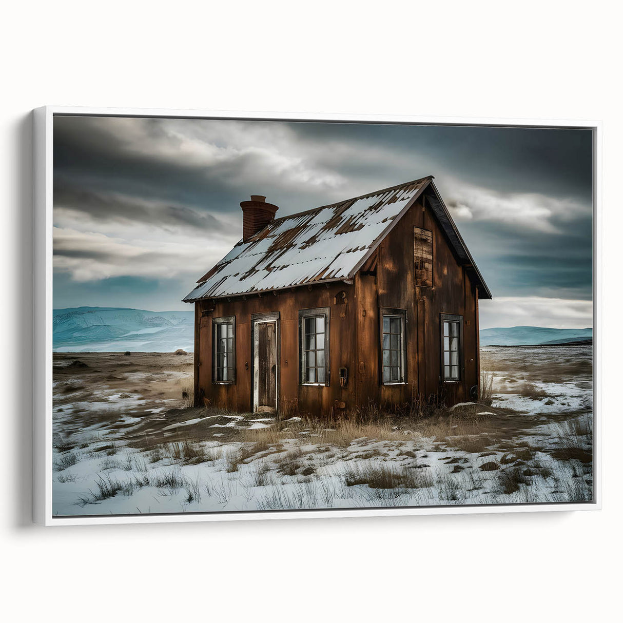 Vintage poster art of a derelict building, rendered in colorful tones on an extra-large framed canvas.