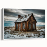 Vintage poster art of a derelict building, rendered in colorful tones on an extra-large framed canvas.