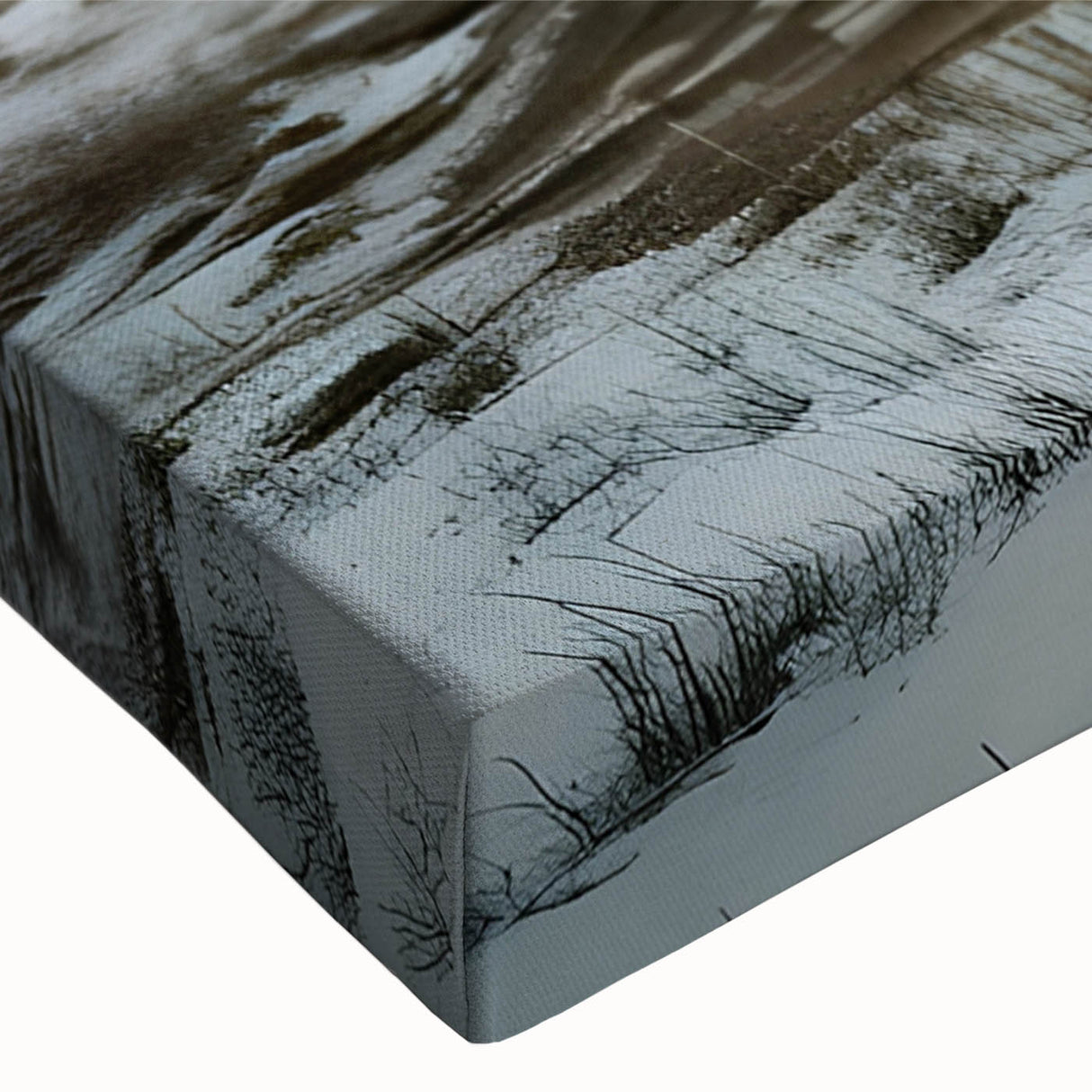 Large art of a derelict building in black and white on stretched canvas, suitable for bedroom wall decor.