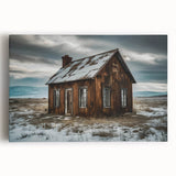 Black and white photograph of a derelict building on stretched canvas, ideal for kitchen wall art.