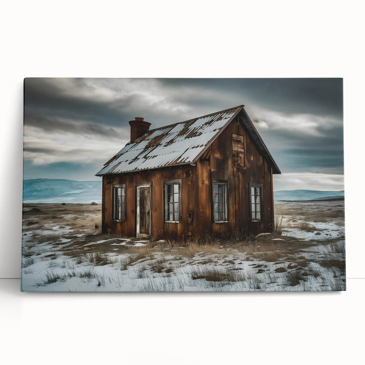 Black and white photograph of a derelict building printed on stretched canvas, suitable as large art for kitchen or bedroom.