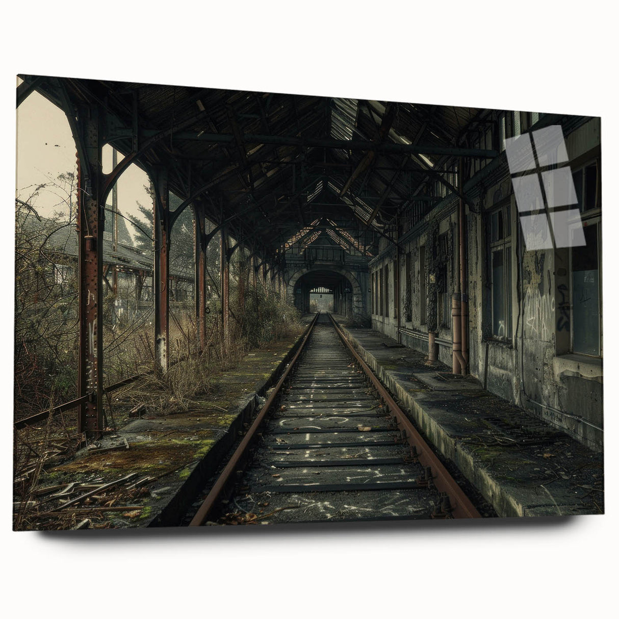 Large abstract wall art on acrylic glass depicting a derelict building in muted gray tones.