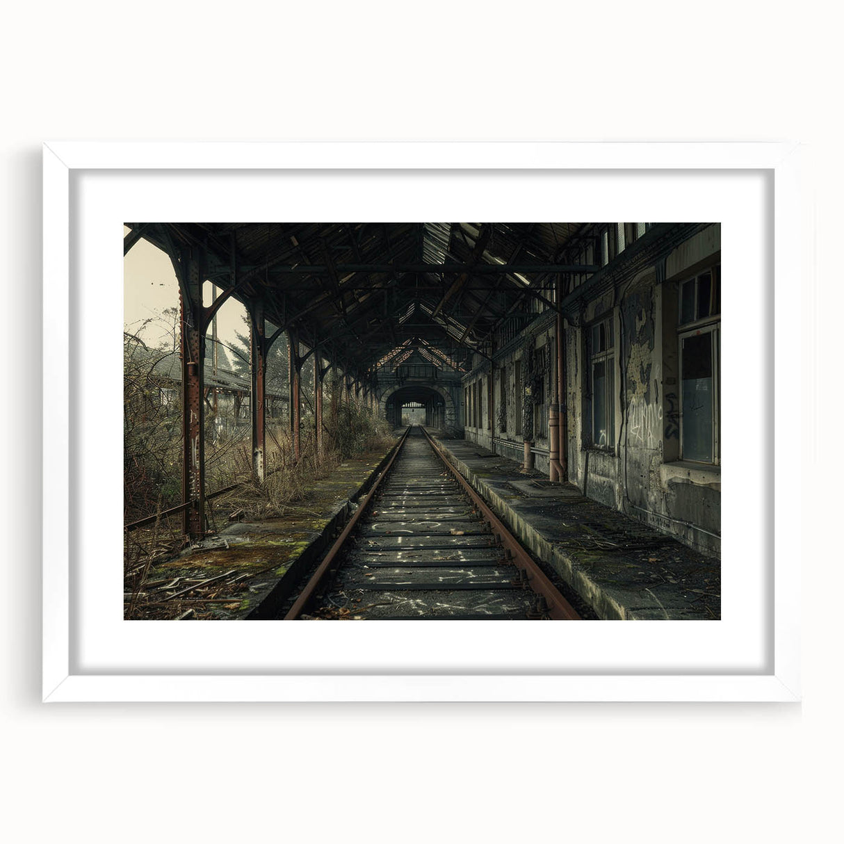 Abstract art print featuring geometric shapes in muted gray and blue tones, framed with a white mat.