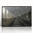 Large abstract wall art featuring a mid-century modernist design in muted gray and blue tones, framed in black acrylic.