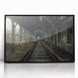 Large abstract wall art featuring a mid-century modernist design in muted gray and blue tones, framed in black acrylic.