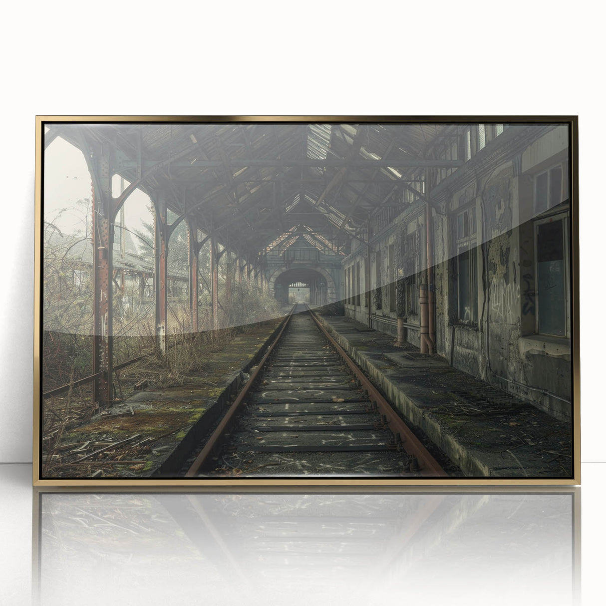 Large art print of a mid-century modernist architecture in muted gold and gray tones on acrylic.
