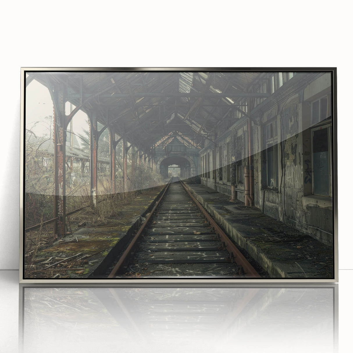 Mid-century modernist art depicting an abstract cityscape in muted gray and blue tones, acrylic print in silver frame.