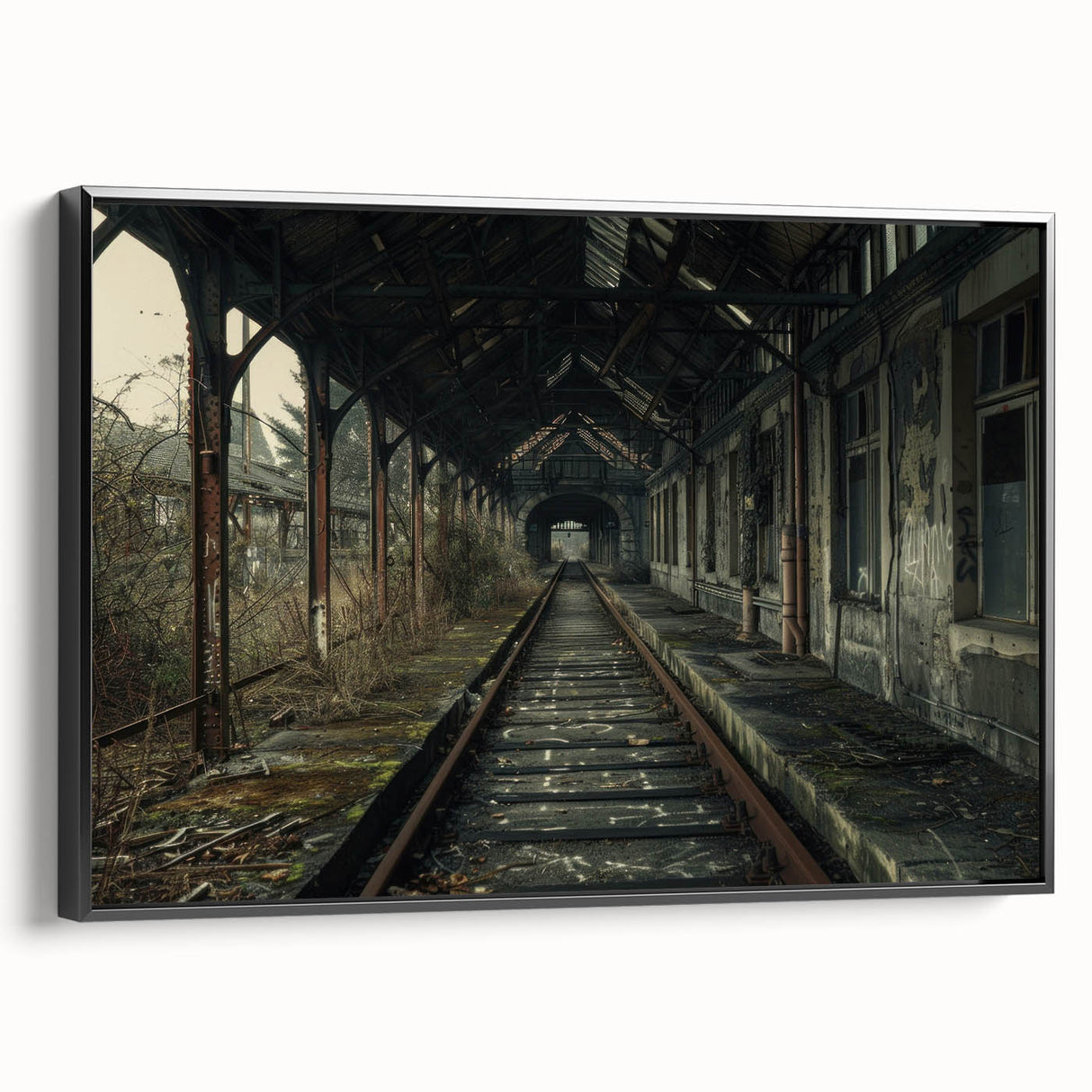 Black and white landscape art painting featuring a vintage poster design on framed canvas, ideal for bedroom decor.