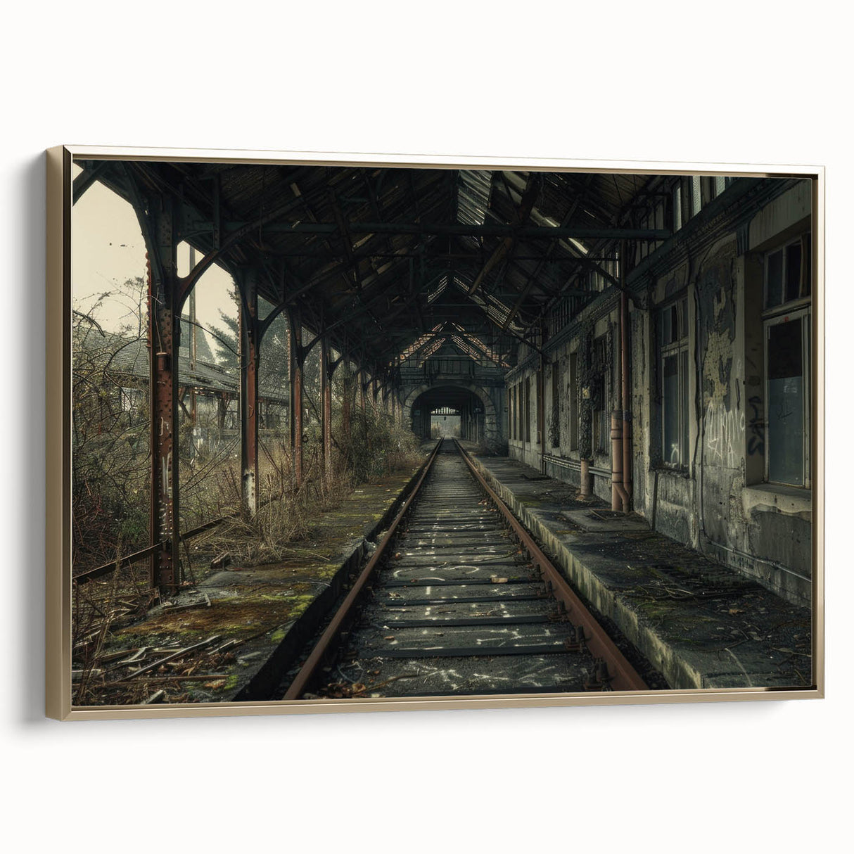 Framed canvas depicting a vintage landscape with muted earth tones, ideal for bedroom wall decor.