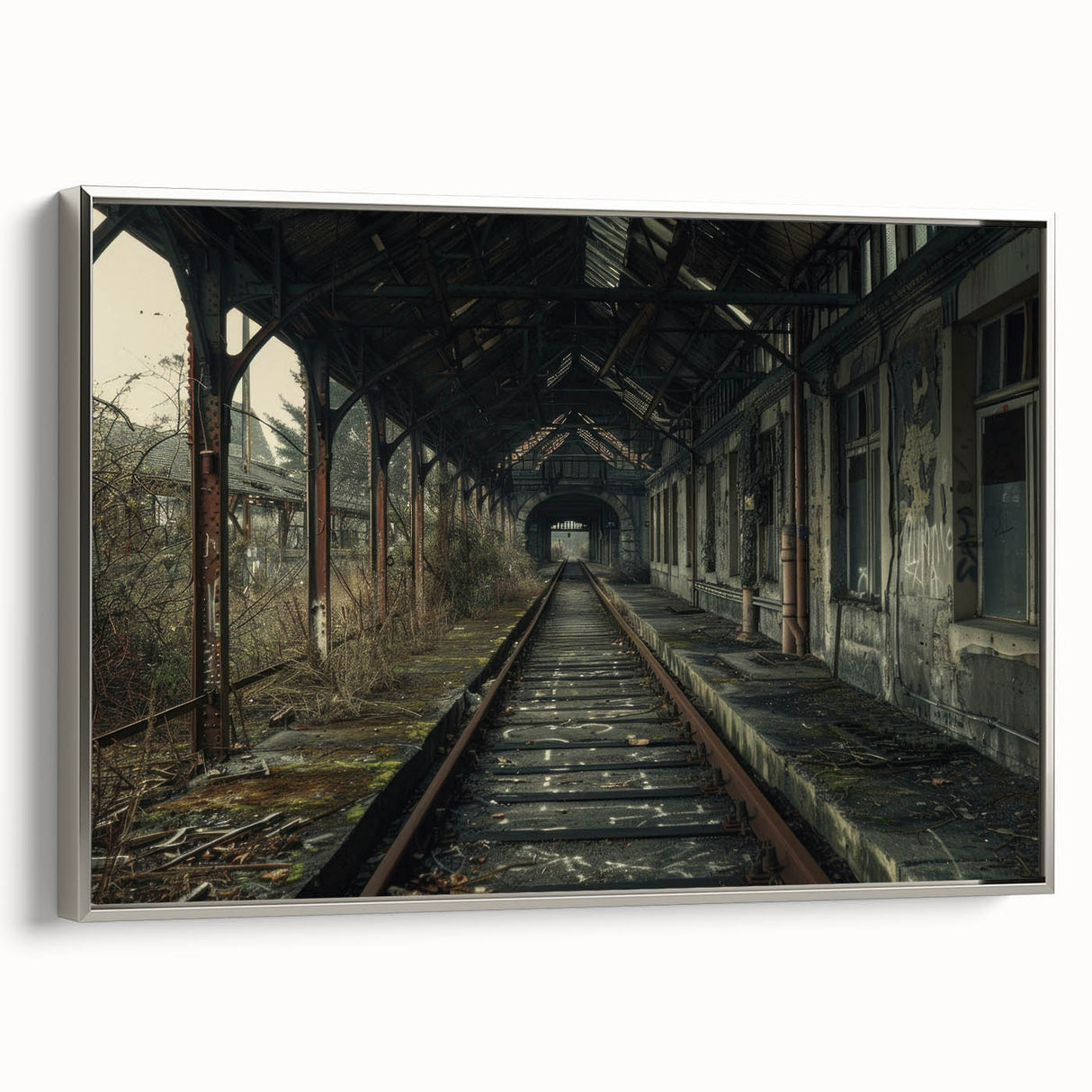 Framed canvas featuring a vintage landscape art painting with colorful, weathered buildings and a black background.
