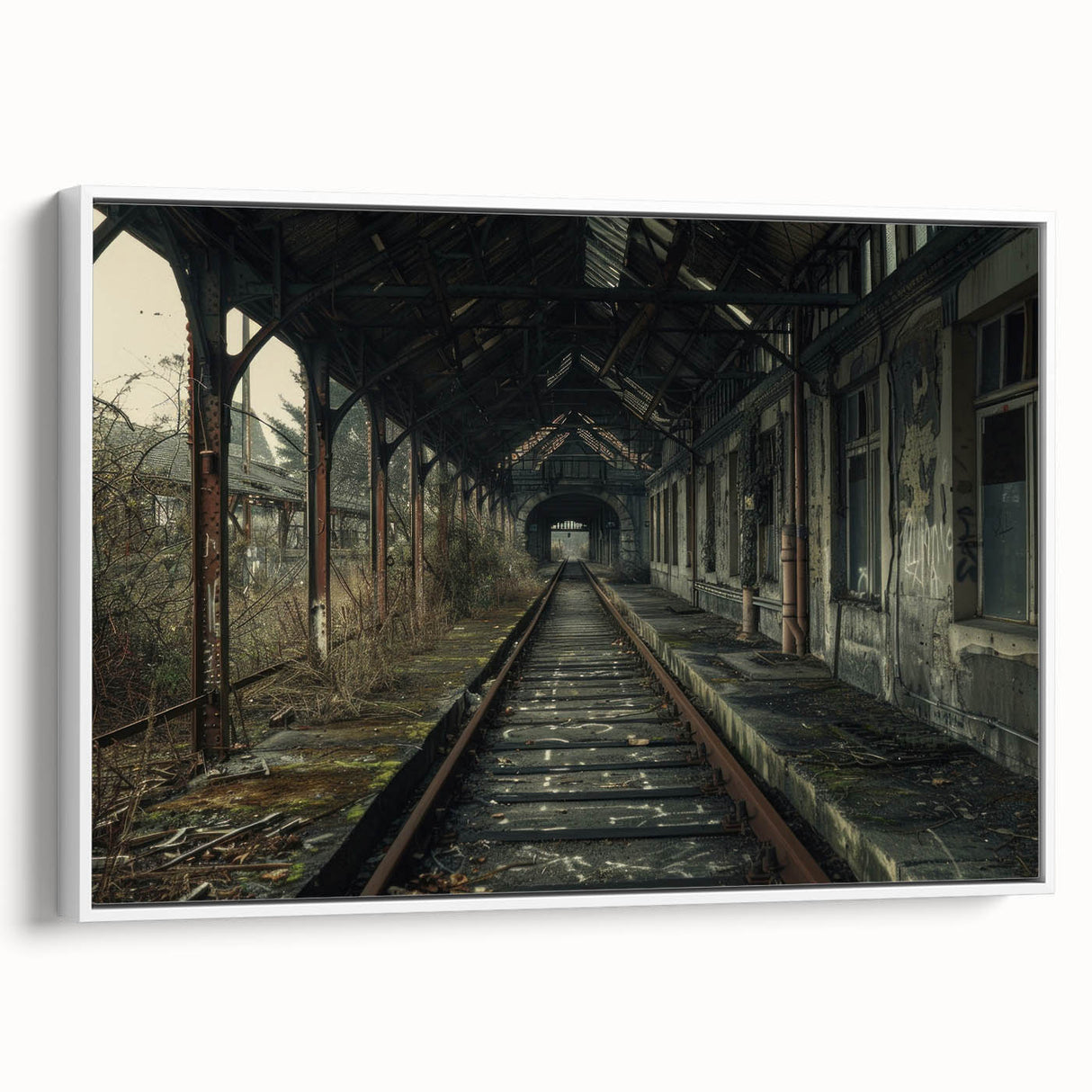 Vintage poster art of a derelict building, colorful accents on black background, framed canvas, ideal for living room decor.
