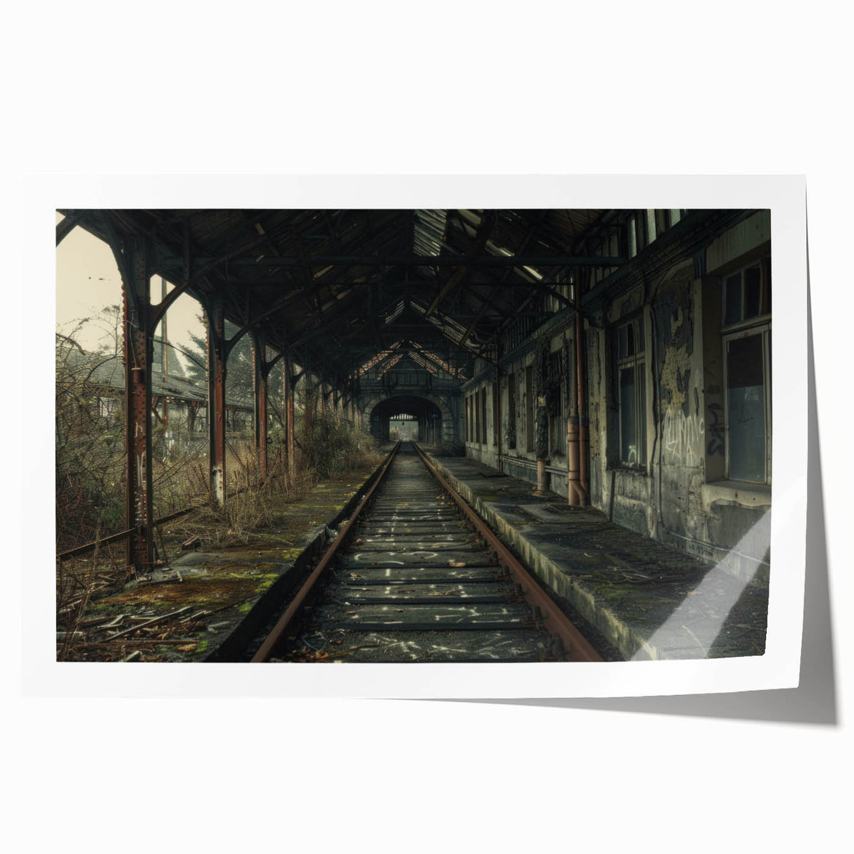 Extra large rolled print of a derelict building in muted gray tones, suitable as art wall dining room decor.