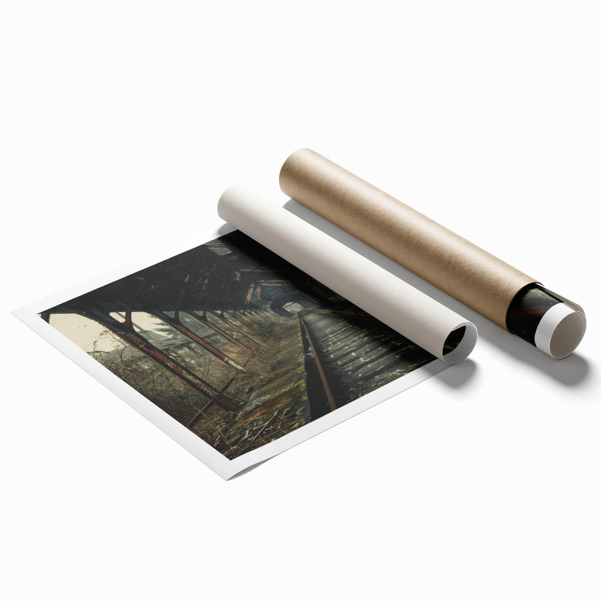 Extra large rolled print of a dilapidated building in muted gray tones, suitable for classy bathroom wall art.