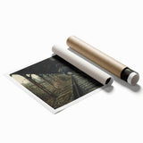 Extra large rolled print of a dilapidated building in muted gray tones, suitable for classy bathroom wall art.