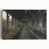 Large black and white photo of a derelict building on stretched canvas, suitable for kitchen wall art.
