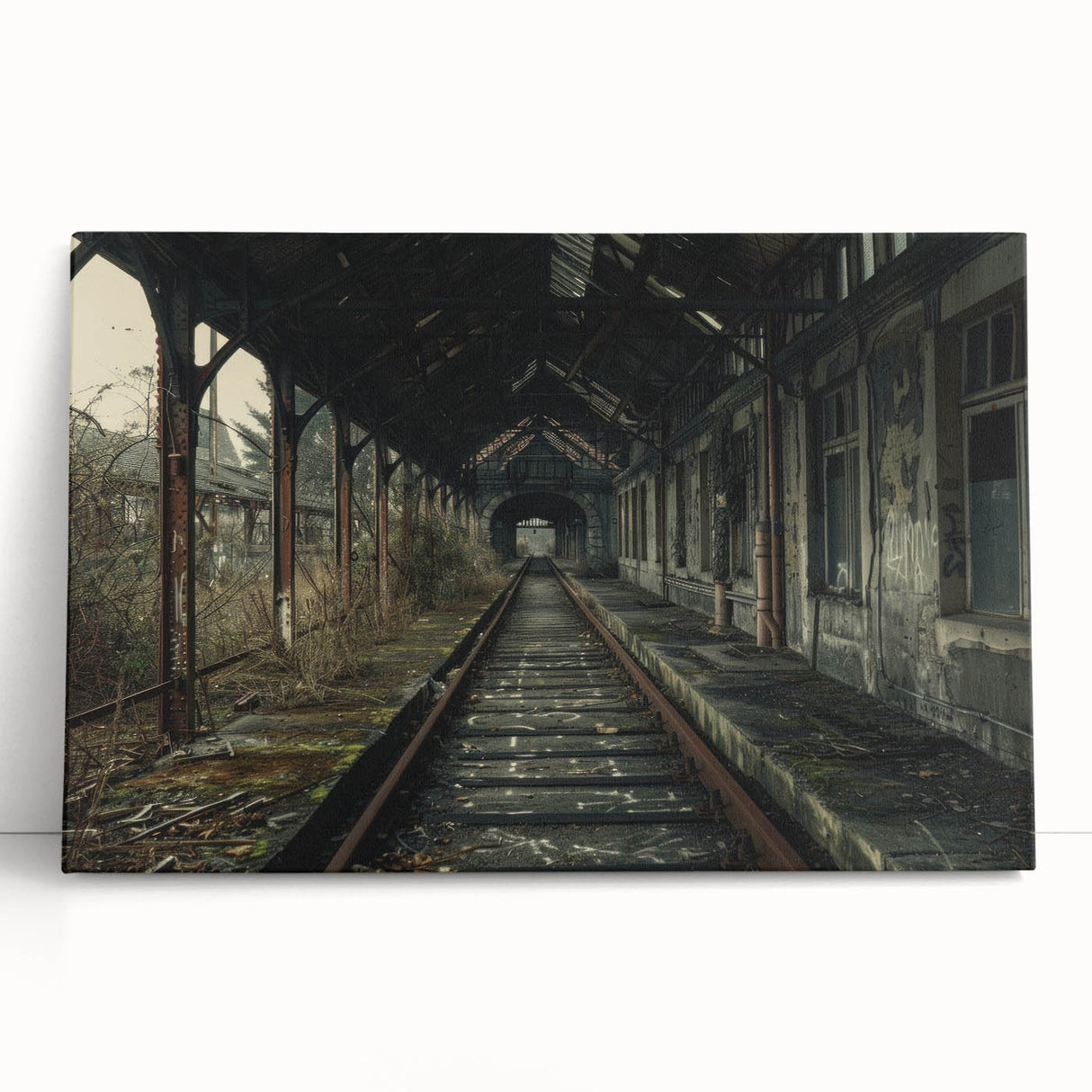 Black and white photograph of a dilapidated building on stretched canvas, ideal for kitchen wall art or bedroom ambiance.
