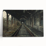 Black and white photograph of a dilapidated building on stretched canvas, ideal for kitchen wall art or bedroom ambiance.
