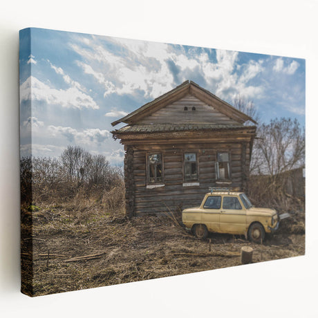 Large art print of an abstract derelict building in muted gray tones on stretched canvas, ideal for kitchen wall art.
