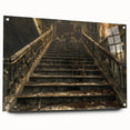 Large abstract wall art on acrylic glass depicting a derelict building in muted grays.