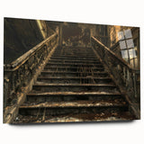 Large abstract wall art on acrylic, featuring a derelict architectural design in muted grays.